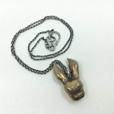 Large Rabbit Head Pendant - Bronze with oxidised silver chain