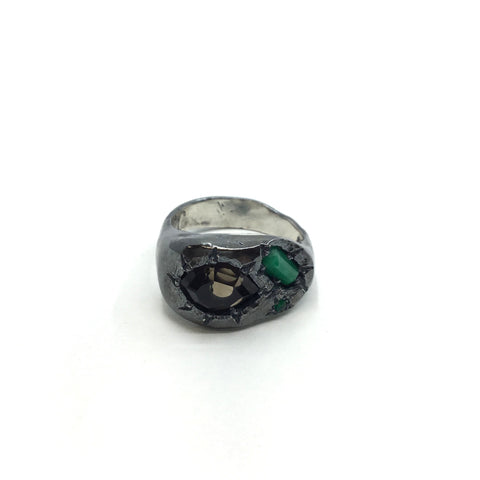 Large Smokey Quartz Ring with Two Emeralds